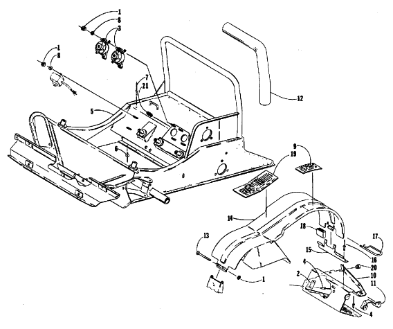 Parts Diagram for Arctic Cat 1988 WILDCAT 650 (650 L/C) SNOWMOBILE FRONT FRAME AND FOOTREST ASSEMBLY