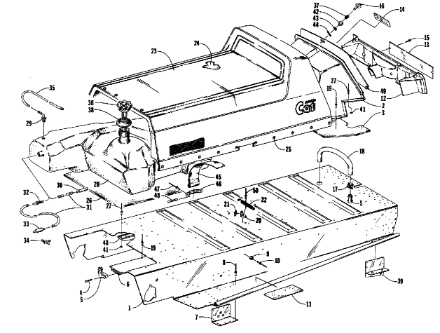 Parts Diagram for Arctic Cat 1988 CHEETAH TOURING (500 F/C) SNOWMOBILE TUNNEL, GAS TANK, SEAT, AND TOOLBOX