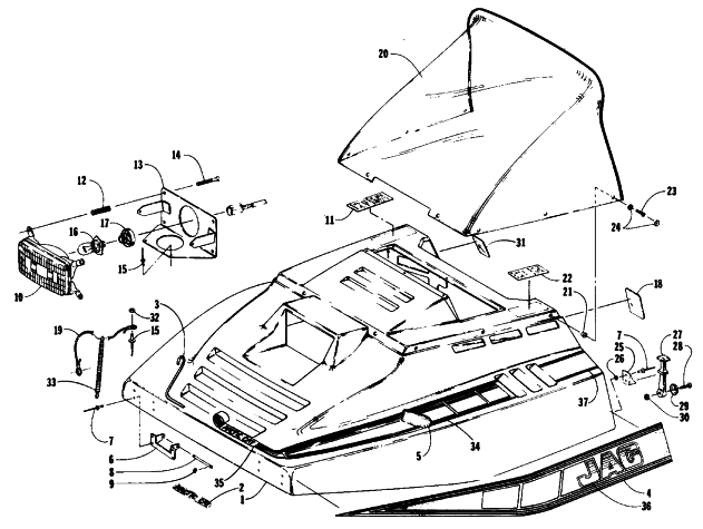 Parts Diagram for Arctic Cat 1989 JAG 340 DELUXE SNOWMOBILE HOOD ASSEMBLY
