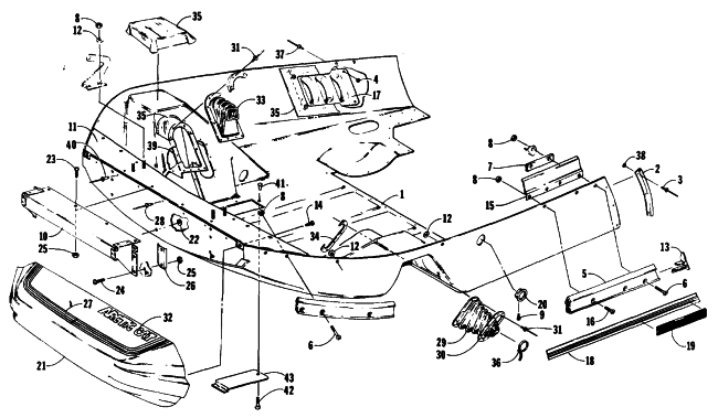 Parts Diagram for Arctic Cat 1989 CHEETAH TOURING SNOWMOBILE BELLY PAN AND NOSE CONE ASSEMBLIES