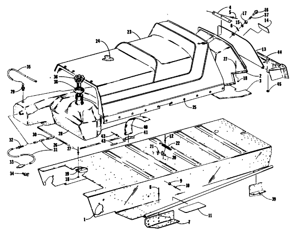Parts Diagram for Arctic Cat 1989 CHEETAH TOURING SNOWMOBILE TUNNEL, GAS TANK, SEAT, AND TOOLBOX