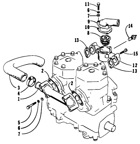 Parts Diagram for Arctic Cat 1991 EL TIGRE EXT MOUNTAIN CAT SNOWMOBILE WATER INTAKE AND THERMOSTAT MANIFOLDS