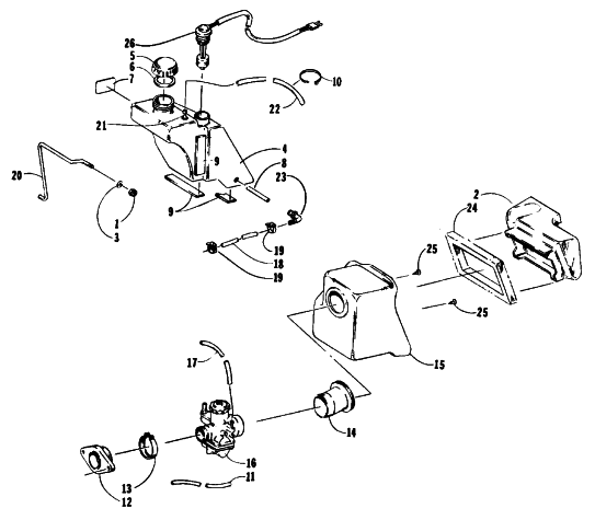 Parts Diagram for Arctic Cat 1990 JAG AFS DELUXE SNOWMOBILE OIL TANK, CARBURETOR, AND AIR SILENCER ASSEMBLY