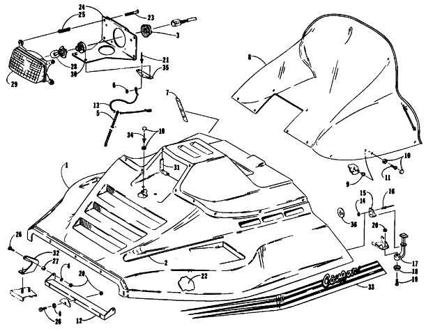 Parts Diagram for Arctic Cat 1990 COUGAR MOUNTAIN CAT SNOWMOBILE HOOD ASSEMBLY