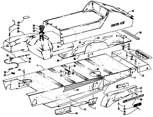 Parts Diagram for Arctic Cat 1990 COUGAR MOUNTAIN CAT SNOWMOBILE TUNNEL, GAS TANK, SEAT, AND TOOLBOX