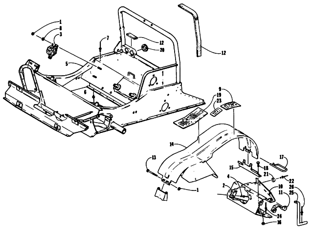 Parts Diagram for Arctic Cat 1990 EL TIGRE EXT MOUNTAIN CAT SNOWMOBILE FRONT FRAME AND FOOTREST ASSEMBLY