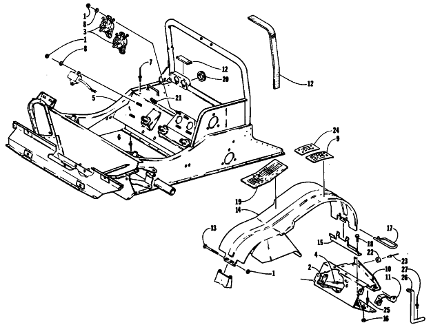 Parts Diagram for Arctic Cat 1990 WILDCAT 650 SNOWMOBILE FRONT FRAME AND FOOTREST ASSEMBLY