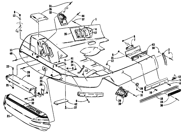Parts Diagram for Arctic Cat 1990 CHEETAH TOURING SNOWMOBILE BELLY PAN AND NOSE CONE ASSEMBLIES