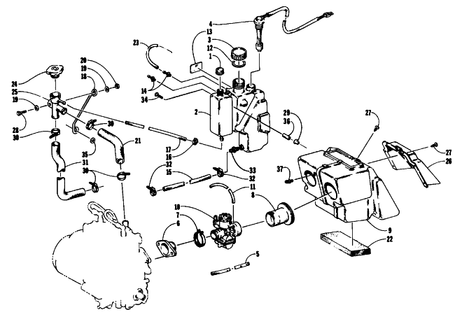 Parts Diagram for Arctic Cat 1990 PANTERA SNOWMOBILE OIL/WATER TANK, CARBURETOR, AND SILENCER ASSEMBLY