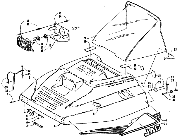 Parts Diagram for Arctic Cat 1990 JAG MOUNTAIN CAT SNOWMOBILE HOOD ASSEMBLY