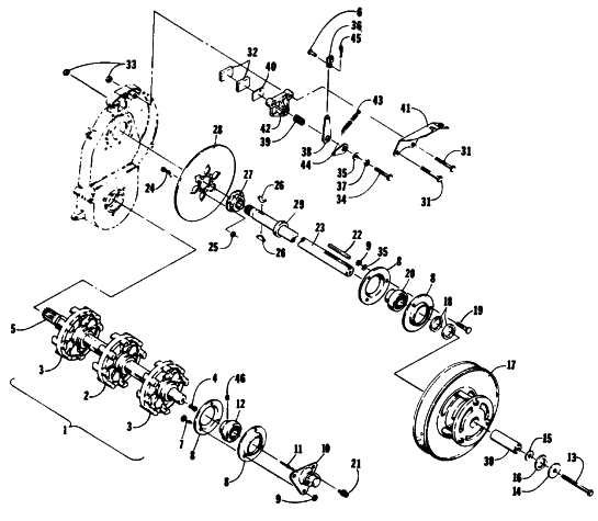 Parts Diagram for Arctic Cat 1991 JAG AFS DELUXE SNOWMOBILE DRIVE TRAIN SHAFTS AND BRAKE ASSEMBLIES