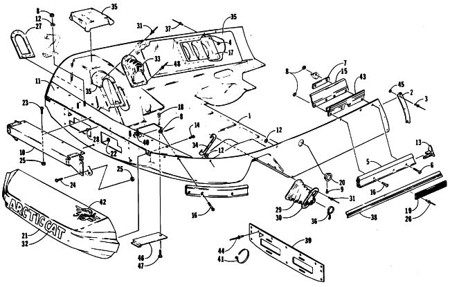 Parts Diagram for Arctic Cat 1990 EL TIGRE EXT SPECIAL SNOWMOBILE BELLY PAN AND NOSE CONE ASSEMBLIES
