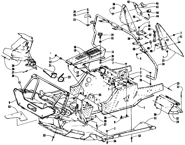 Parts Diagram for Arctic Cat 1990 PROWLER SNOWMOBILE FRONT FRAME, BELLY PAN AND FOOTREST ASSEMBLY