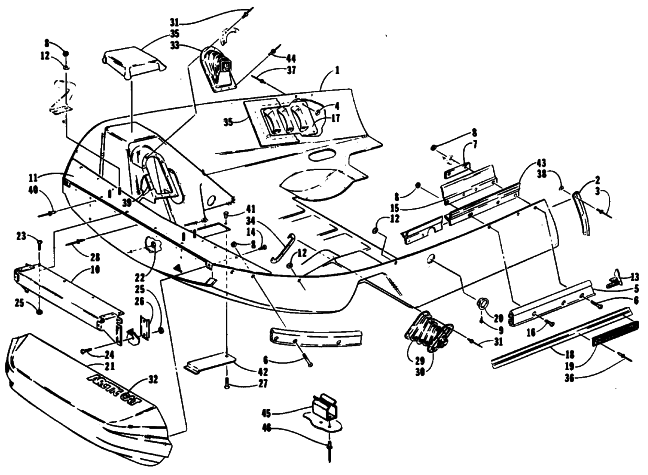 Parts Diagram for Arctic Cat 1990 JAG AFS LT SNOWMOBILE BELLY PAN AND NOSE CONE ASSEMBLIES