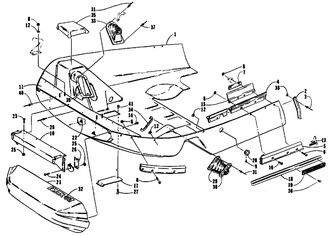 Parts Diagram for Arctic Cat 1991 PANTHER MOUNTAIN CAT SNOWMOBILE BELLY PAN AND NOSE CONE ASSEMBLIES