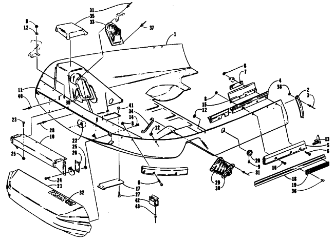 Parts Diagram for Arctic Cat 1991 JAG AFS LONG TRACK SNOWMOBILE BELLY PAN AND NOSE CONE ASSEMBLIES