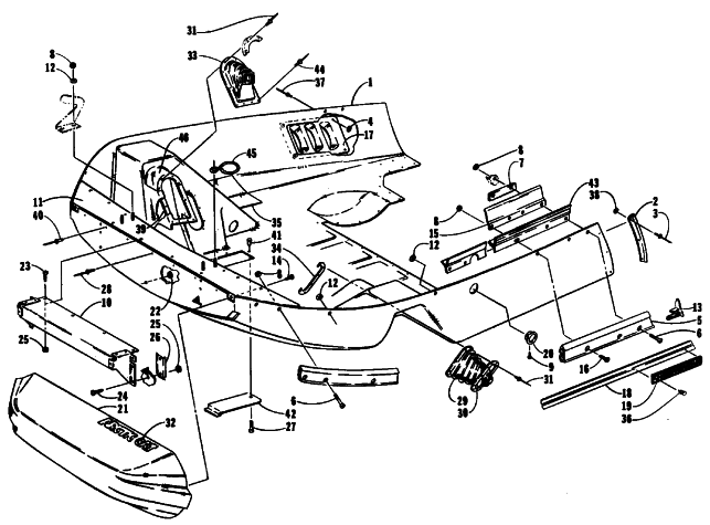 Parts Diagram for Arctic Cat 1991 COUGAR 2-UP SNOWMOBILE BELLY PAN AND NOSE CONE ASSEMBLIES