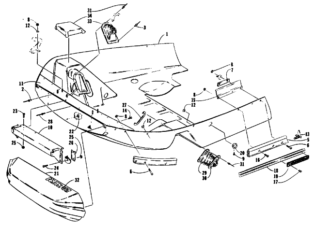 Parts Diagram for Arctic Cat 1991 LYNX DELUXE SNOWMOBILE BELLY PAN AND NOSE CONE ASSEMBLIES