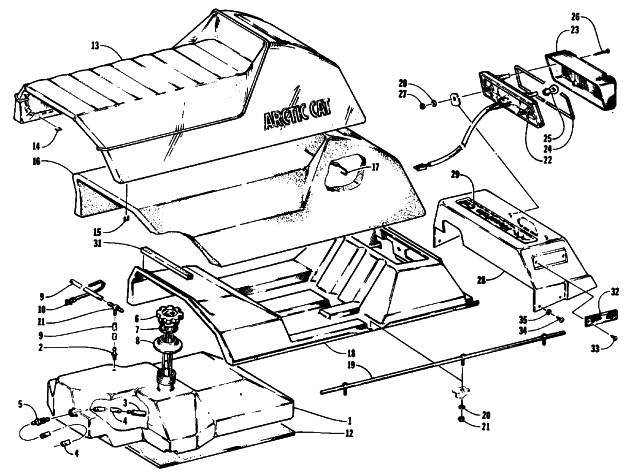 Parts Diagram for Arctic Cat 1991 PROWLER MOUNTAIN CAT SNOWMOBILE GAS TANK, SEAT, AND TAILLIGHT ASSEMBLIES