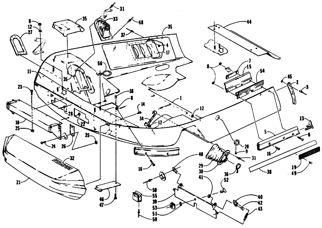 Parts Diagram for Arctic Cat 1991 EL TIGRE EXT MOUNTAIN CAT SNOWMOBILE BELLY PAN AND NOSE CONE ASSEMBLIES