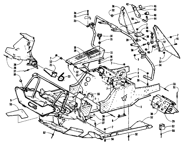 Parts Diagram for Arctic Cat 1991 PROWLER MOUNTAIN CAT SNOWMOBILE FRONT FRAME, BELLY PAN AND FOOTREST ASSEMBLY