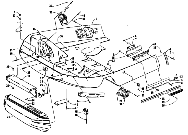 Parts Diagram for Arctic Cat 1991 CHEETAH TOURING SNOWMOBILE BELLY PAN AND NOSE CONE ASSEMBLIES