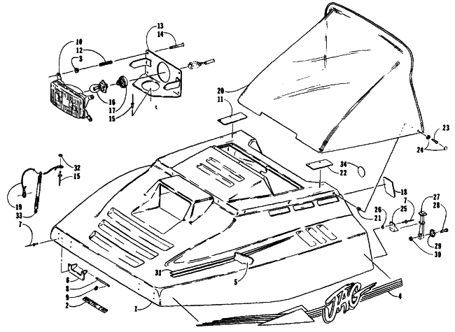 Parts Diagram for Arctic Cat 1991 JAG MOUNTAIN CAT SNOWMOBILE HOOD ASSEMBLY
