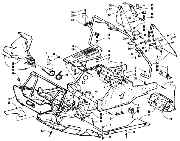 Parts Diagram for Arctic Cat 1991 PANTERA SNOWMOBILE FRONT FRAME, BELLY PAN AND FOOTREST ASSEMBLY