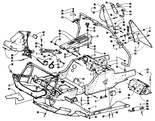 Parts Diagram for Arctic Cat 1991 EXT SPECIAL SNOWMOBILE FRONT FRAME, BELLY PAN AND FOOTREST ASSEMBLY