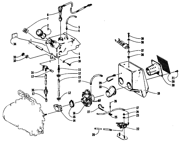 Parts Diagram for Arctic Cat 1991 PROWLER SPECIAL SNOWMOBILE OIL TANK, CARBURETOR, FUEL PUMP AND SILENCER