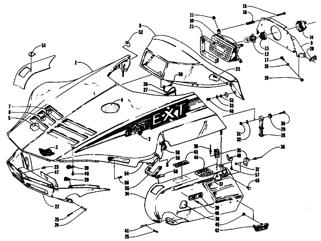 Parts Diagram for Arctic Cat 1991 EXT SPECIAL SNOWMOBILE HOOD, HEADLIGHT, AND SIDE PODS