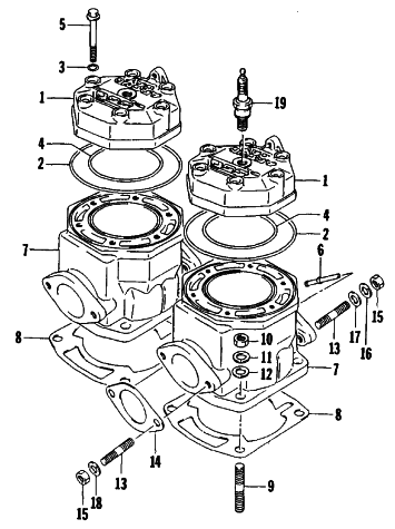 Parts Diagram for Arctic Cat 1994 EXT 580 MOUNTAIN CAT SNOWMOBILE CYLINDER AND HEAD ASSEMBLY