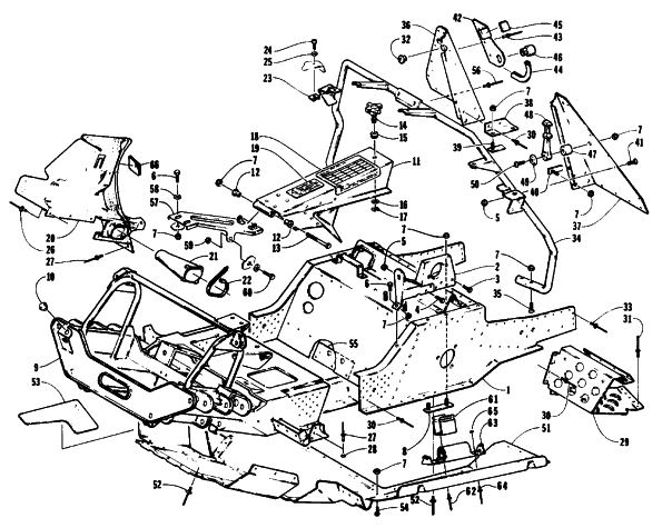 Parts Diagram for Arctic Cat 1991 PROWLER SPECIAL SNOWMOBILE FRONT FRAME, BELLY PAN AND FOOTREST ASSEMBLY