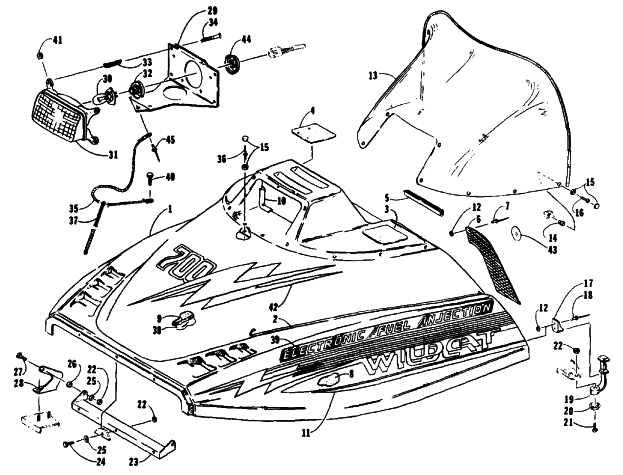Parts Diagram for Arctic Cat 1991 WILDCAT EFI MOUNTAIN CAT SNOWMOBILE HOOD ASSEMBLY
