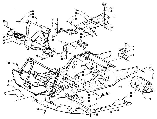 Parts Diagram for Arctic Cat 1992 PROWLER SNOWMOBILE FRONT FRAME, BELLY PAN AND FOOTREST ASSEMBLY