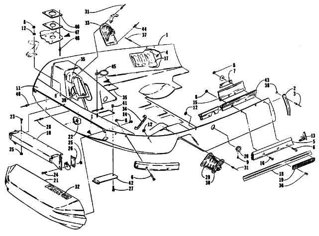 Parts Diagram for Arctic Cat 1992 COUGAR 2UP SNOWMOBILE BELLY PAN AND NOSE CONE ASSEMBLIES