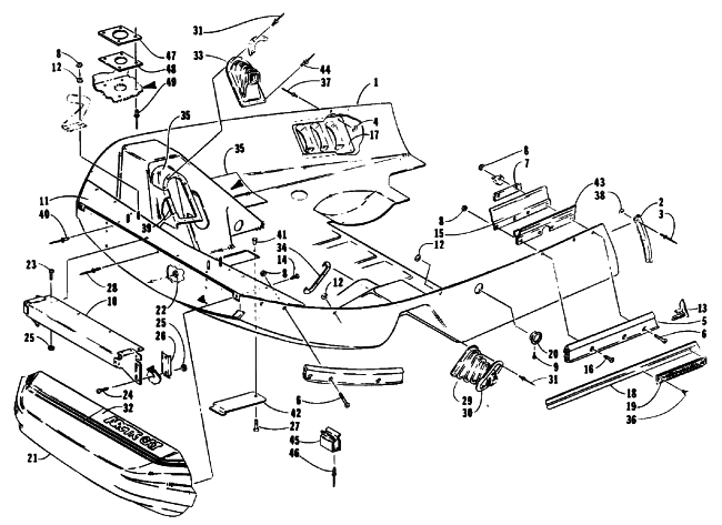 Parts Diagram for Arctic Cat 1992 CHEETAH TOURING SNOWMOBILE BELLY PAN AND NOSE CONE ASSEMBLIES