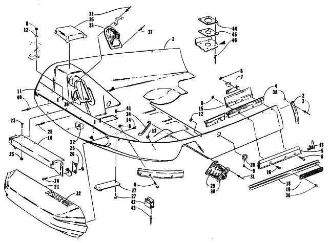 Parts Diagram for Arctic Cat 1993 JAG AFS LT 2 SPEED SNOWMOBILE BELLY PAN AND NOSE CONE ASSEMBLIES