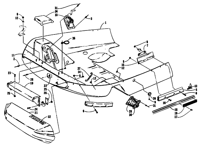 Parts Diagram for Arctic Cat 1993 LYNX MOUNTAIN CAT SNOWMOBILE BELLY PAN AND NOSE CONE ASSEMBLIES