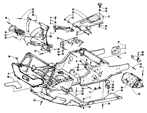 Parts Diagram for Arctic Cat 1992 PANTERA SNOWMOBILE FRONT FRAME,BELLY PAN,AND FOOTREST ASSEMBLY