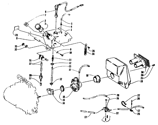 Parts Diagram for Arctic Cat 1992 PANTHER SNOWMOBILE OIL TANK, CARBURETOR, FUEL PUMP, AND SILENCER