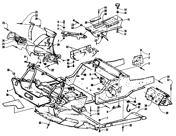 Parts Diagram for Arctic Cat 1992 JAG DELUXE SNOWMOBILE FRONT FRAME, BELLY PAN AND FOOTREST ASSEMBLY