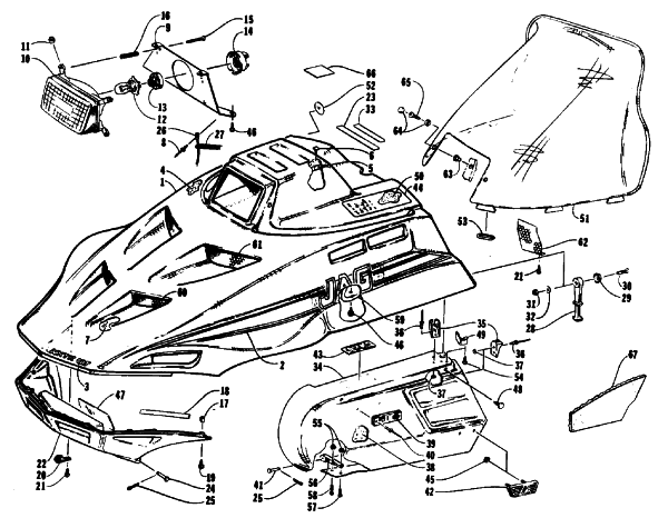 Parts Diagram for Arctic Cat 1992 JAG DELUXE SNOWMOBILE HOOD, HEADLIGHT, AND SIDE PODS