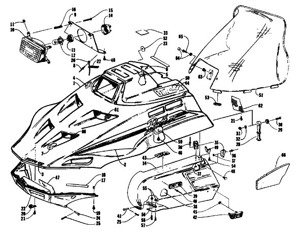 Parts Diagram for Arctic Cat 1992 PANTHER SNOWMOBILE HOOD, HEADLIGHT, AND SIDE PODS