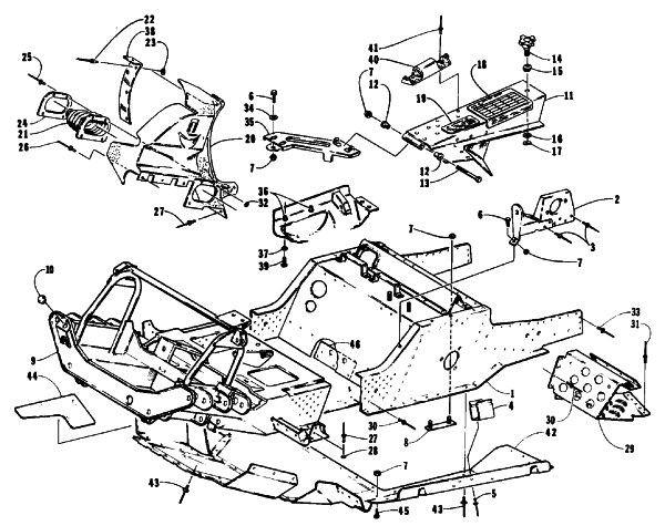 Parts Diagram for Arctic Cat 1992 EXT MOUNTAIN CAT SNOWMOBILE FRONT FRAME, BELLY PAN AND FOOTREST ASSEMBLY