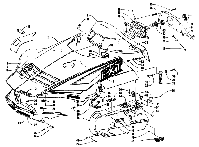 Parts Diagram for Arctic Cat 1992 EXT SNOWMOBILE HOOD,HEADLIGHT,AND SIDE PODS