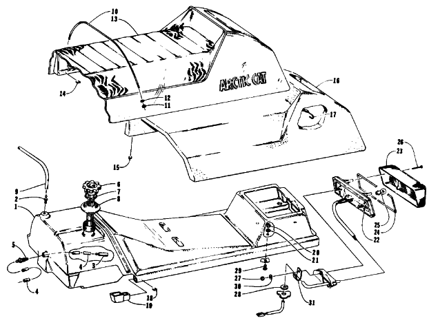 Parts Diagram for Arctic Cat 1992 EXT SPECIAL SNOWMOBILE GAS TANK, SEAT, AND TAILLIGHT ASSEMBLIES