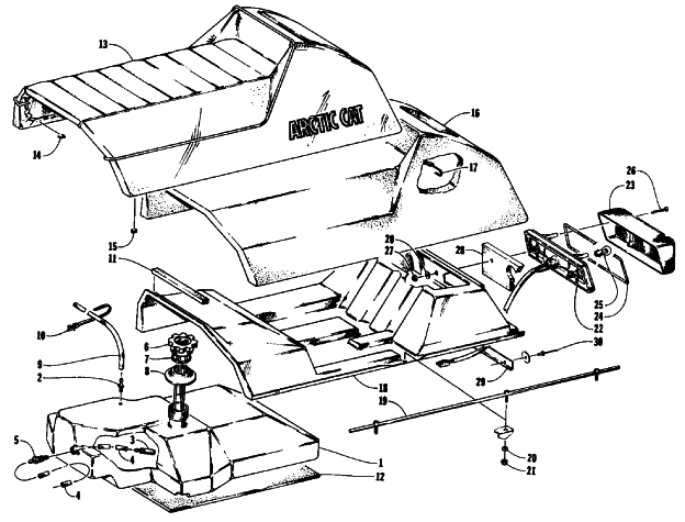 Parts Diagram for Arctic Cat 1992 PROWLER SNOWMOBILE GAS TANK, SEAT, AND TAILLIGHT ASSEMBLIES