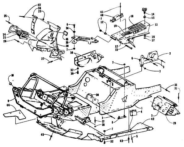 Parts Diagram for Arctic Cat 1992 EXT SPECIAL SNOWMOBILE FRONT FRAME, BELLY PAN AND FOOTREST ASSEMBLY