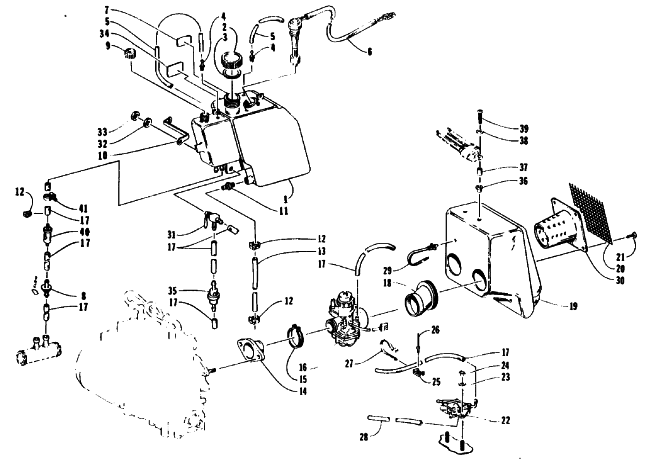 Parts Diagram for Arctic Cat 1992 PROWLER SPECIAL SNOWMOBILE OIL TANK, CARBURETOR, FUEL PUMP, AND SILENCER